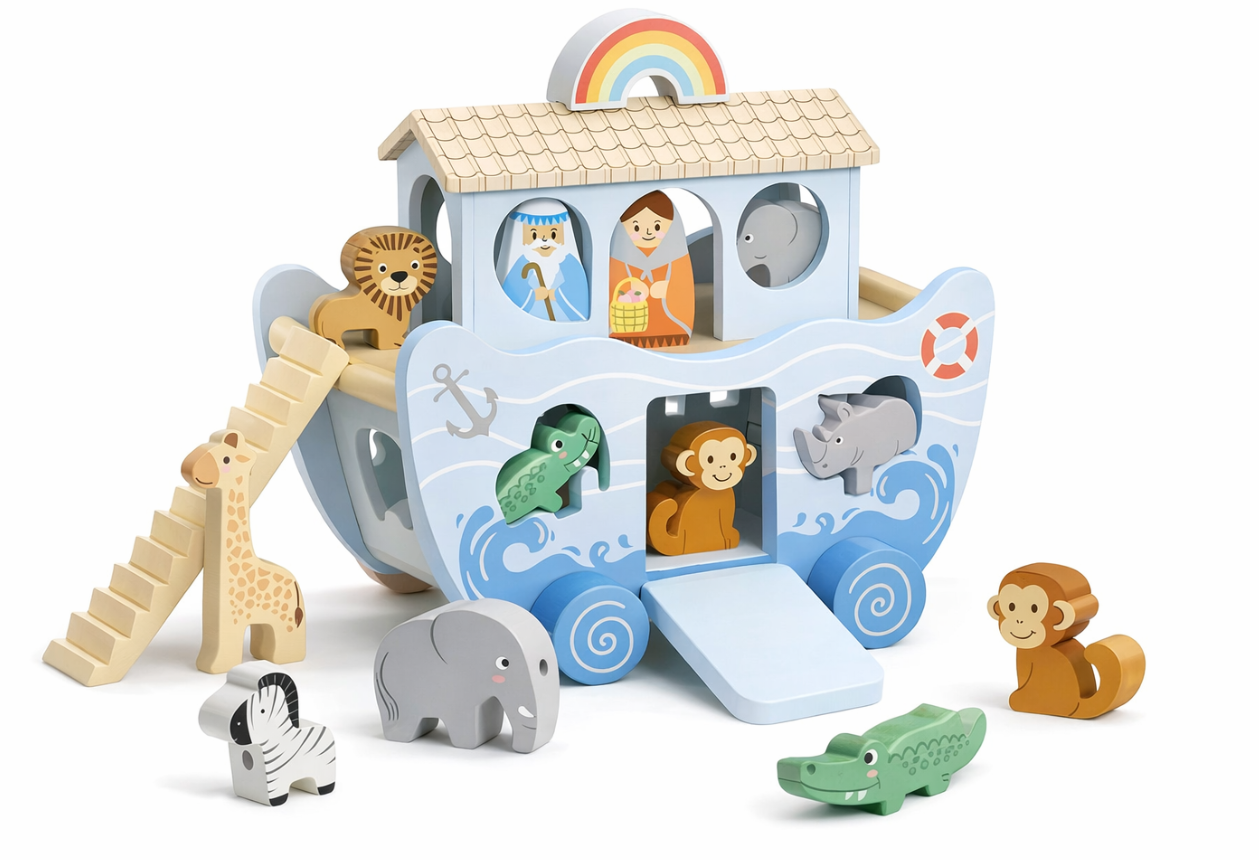Wooden Noah’s Ark Shape Sorter Toy Set with Audio Sound Book - Educational Animal Matching Playset with Rolling Wheels, Figures & Ramp, STEM Montessori Learning Gift for Toddlers