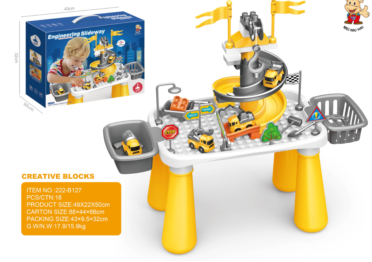 Kids Construction Engineering Track Activity Table Set - Multi-Functional Building Block Play Table with Spiral Slideway, Working Crane, Construction Trucks, Road Signs & Storage Baskets, STEM Learning Gift for Toddlers