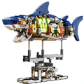 Mechanical Shark Building Block Set with Dynamic Crank Stand - Cyberpunk Bionic Ocean Animal Model Kit with Light-Up Core, Mechanical Linkage Gears & Display Base, STEM Collector Gift for Teens & Adults