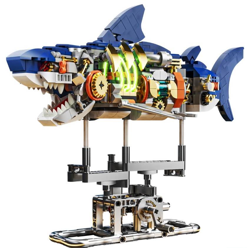 Mechanical Shark Building Block Set with Dynamic Crank Stand - Cyberpunk Bionic Ocean Animal Model Kit with Light-Up Core, Mechanical Linkage Gears & Display Base, STEM Collector Gift for Teens & Adults