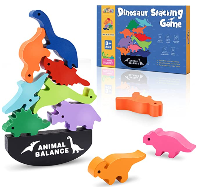 Wooden Dinosaur Balance Stacking Game Toy Set - Educational STEM Fine Motor Skill Game for Kids, Colorful Stacking Blocks with Rocking Base & Gift Box, 3+ Ages